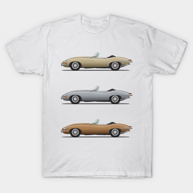 Jaguar E Type Roadster Gold Silver And Bronze T-Shirt by SteveHClark